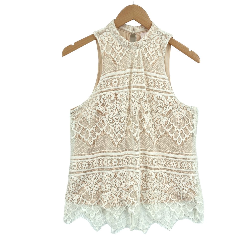 LC Lauren Conrad Tank Top Womens Small Beige Lace Floral Sleeveless Pullover